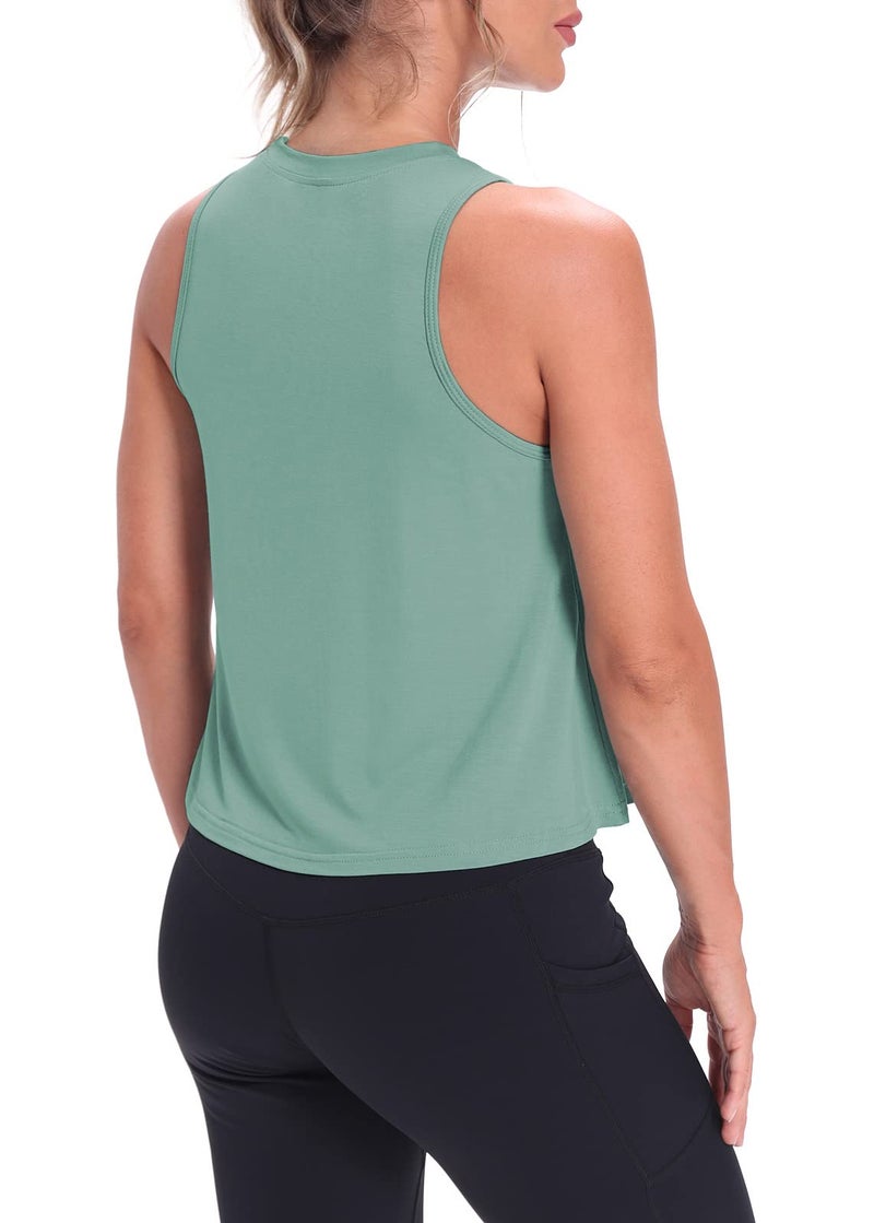 Mippo Cropped Workout Tops for Women Workout Shirts Sleeveless Tank Flowy Loose Crop High Neck Tank Tops Gray Green M - Image 3